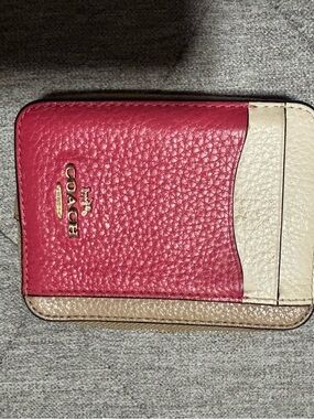 Coach Pebble Leather Colorblock Card Case - Pink, Cream & Tan